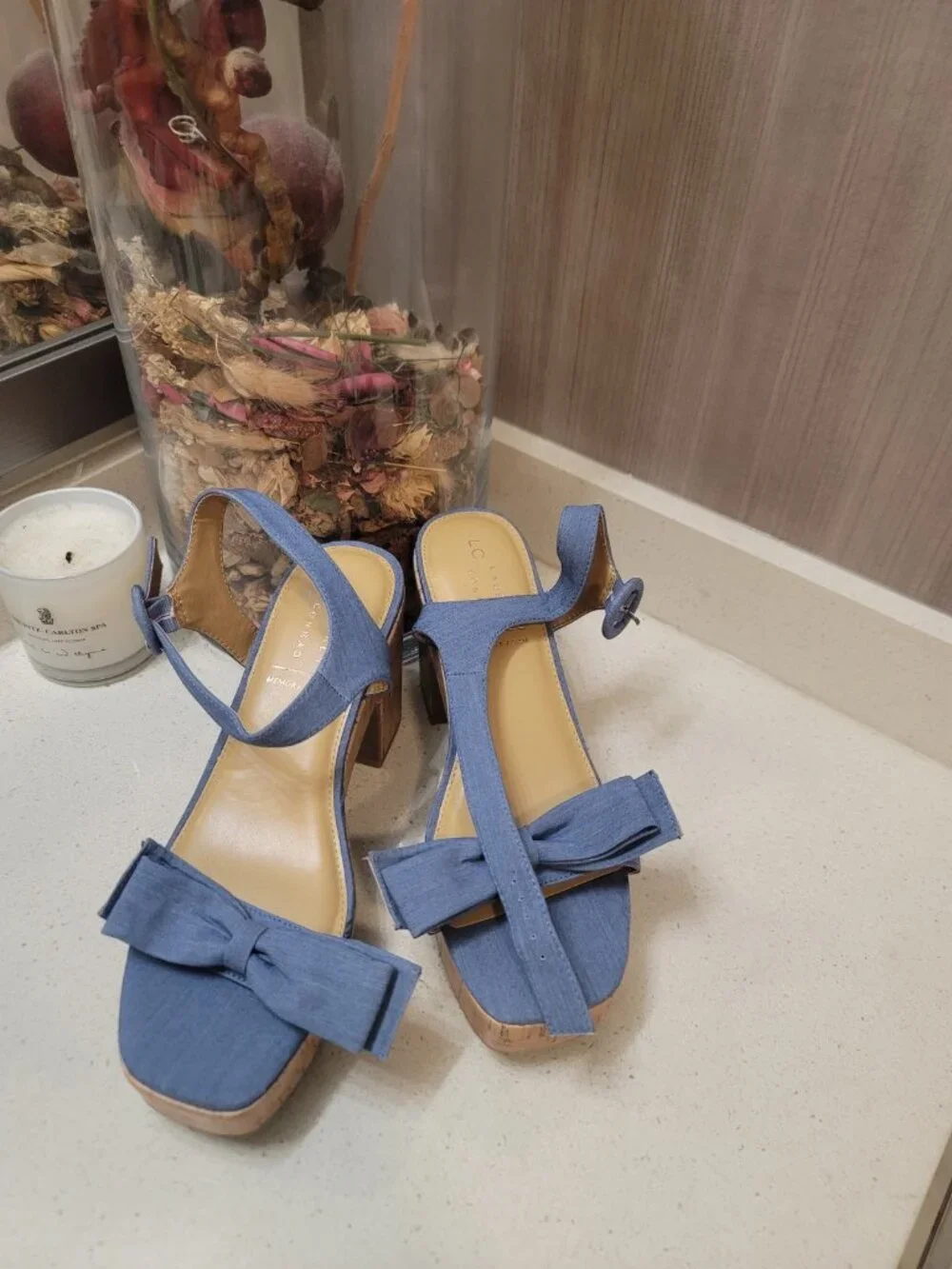LC Lauren Conrad Aliana Bow Cork Heel Sandals Women's Size 9.5 M Color-Blue NEW